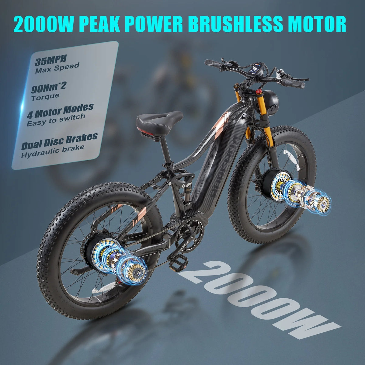 Dual Motors AWD 2000W Electric Bike for Adult 26'', UL2849 48V 60AH Removable Battery E - Mountain Bike 4'' Fat Tire up to 35MPH&200miles Long Range Off Road Ebike Beach Dual Hydraulic&Brakes E - Bicycle