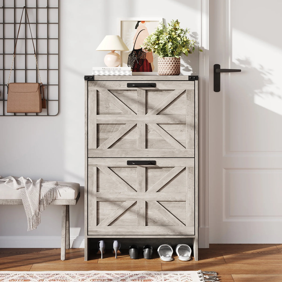 VEANERWOOD Shoes Storage Cabinet with Doors, Farmhouse Shoe Cabinet with 2 Flip Drawers for Entryway, Gray