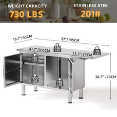 AECOJOY Stainless Steel Kitchen Cabinets, 57"x19.7" Commercial Worktable with Extend Panel & Adjustable Shelf