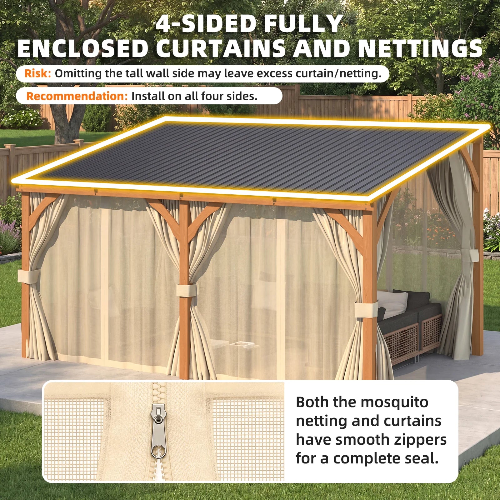 AECOJOY 12x10 Outdoor Wooden Pergola Gazebo with Curtains and Netting for Patio
