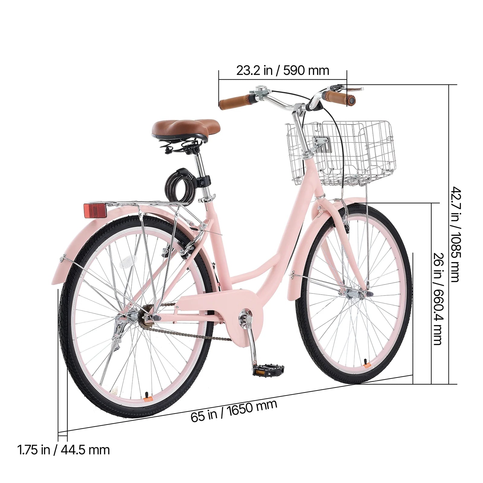 KFFKFF 26" Cruiser Bike, Single Speed, Rosé - Colored Seaside Cycling Bike with Spacious Basket and Back Stand, Reliable & Robust Leisure Bicycle with Modifiable Saddle
