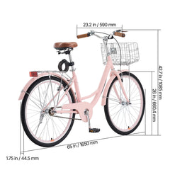 KFFKFF 26" Cruiser Bike, Single Speed, Rosé - Colored Seaside Cycling Bike with Spacious Basket and Back Stand, Reliable & Robust Leisure Bicycle with Modifiable Saddle
