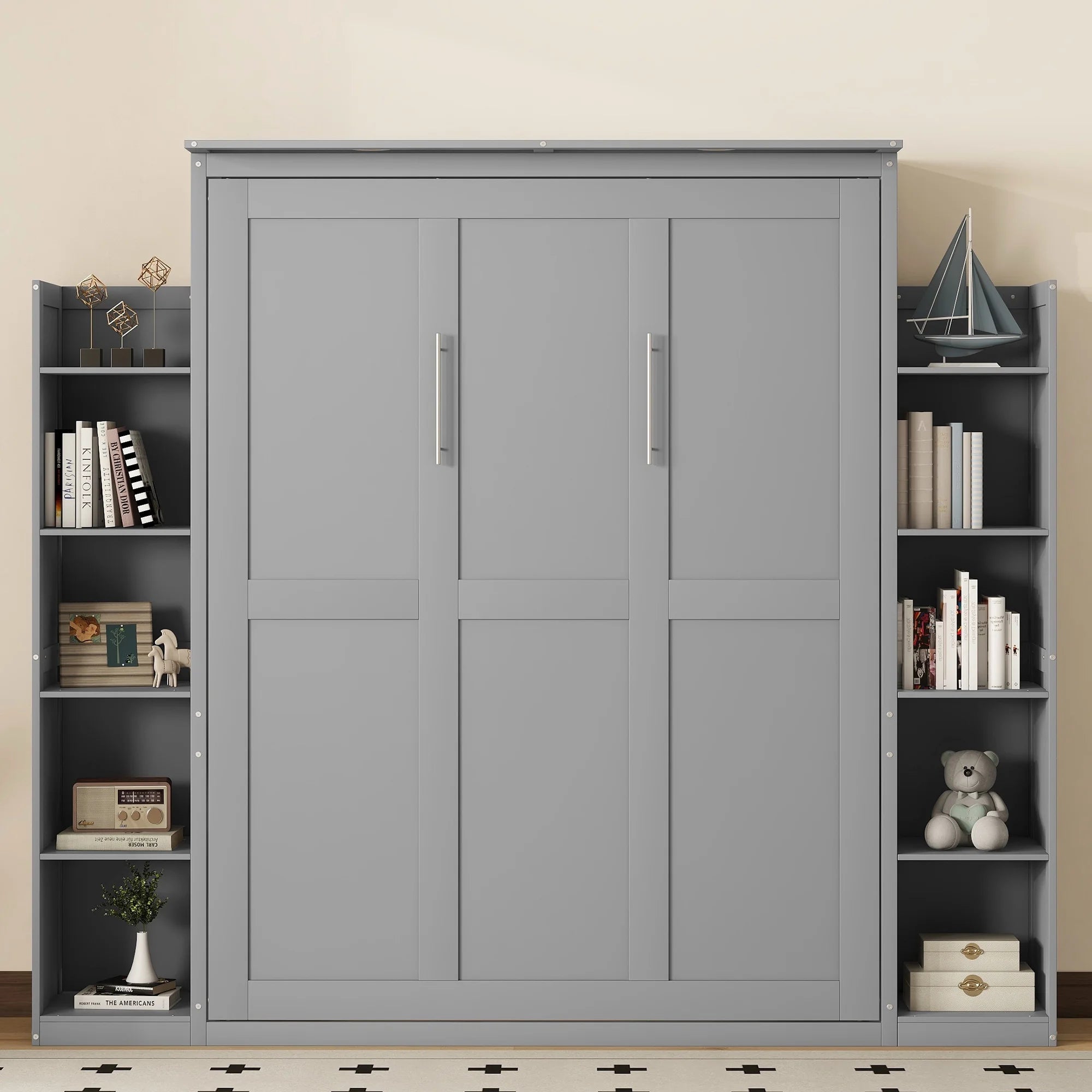 Aukfa Queen Size Murphy Bed with 5 - Tier Storage Shelf & LED Lights, Foldable Wall Bed Cabinet with Mattress Support, Space - Saving Design for Guest Room/Home Office, Gray