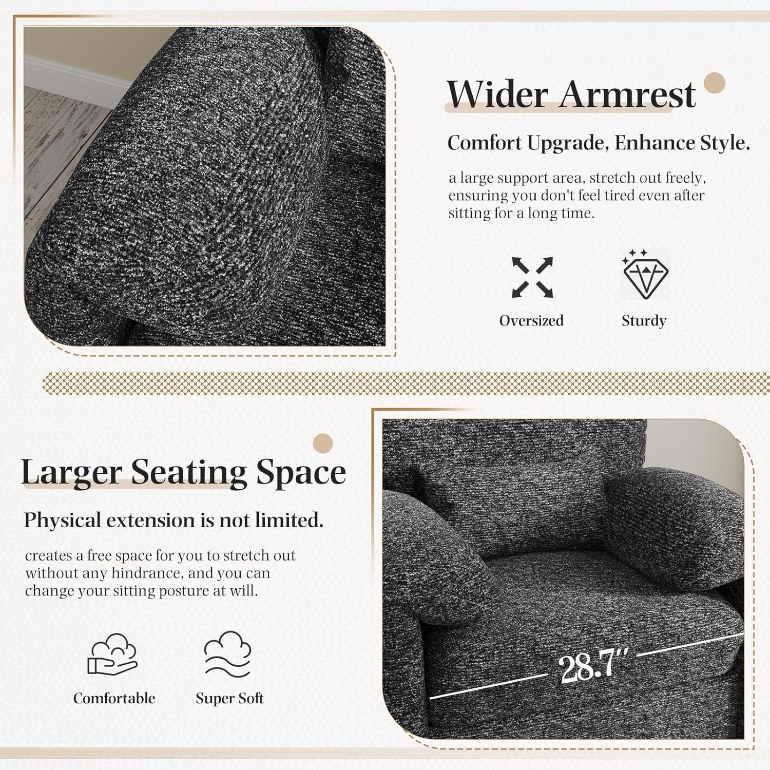 AECOJOY Oversized Armchair, Chenille Mid Century Accent Chair, Comfy Upholstered Single Sofa, Extra Wide Reading Chairs