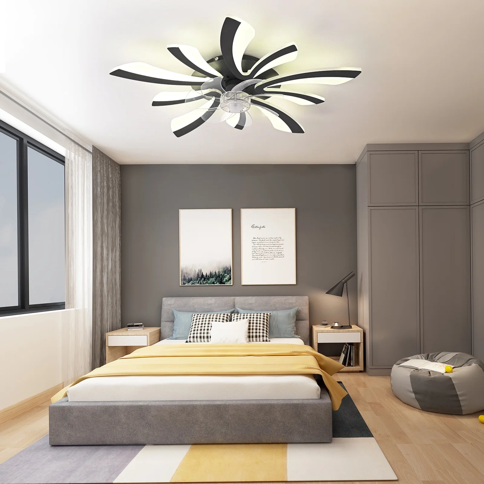 Garwarm Dimmable Ceiling Fan with Light and Remote Control, 27" Small Flush Mounted Ceiling Fan with LED Lights, APP and Remote Controlled, Modern, White