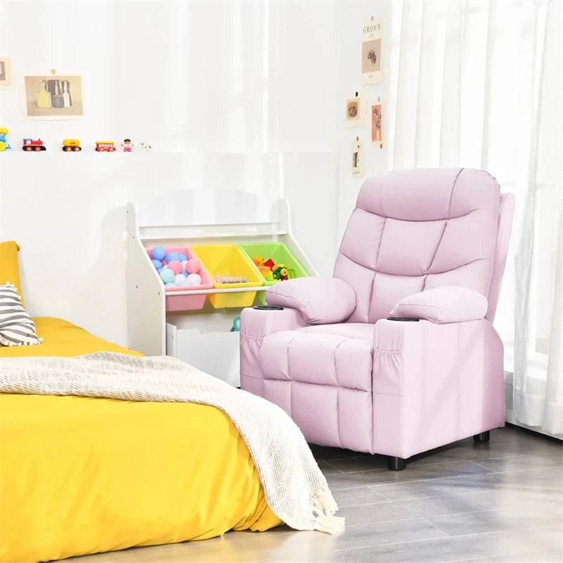 Kids Recliner Chair PU Leather Adjustable Lounge Sofa with Cup Holder, 3 Pockets & Retractable Footrest, Ergonomic Toddler Furniture Sofa