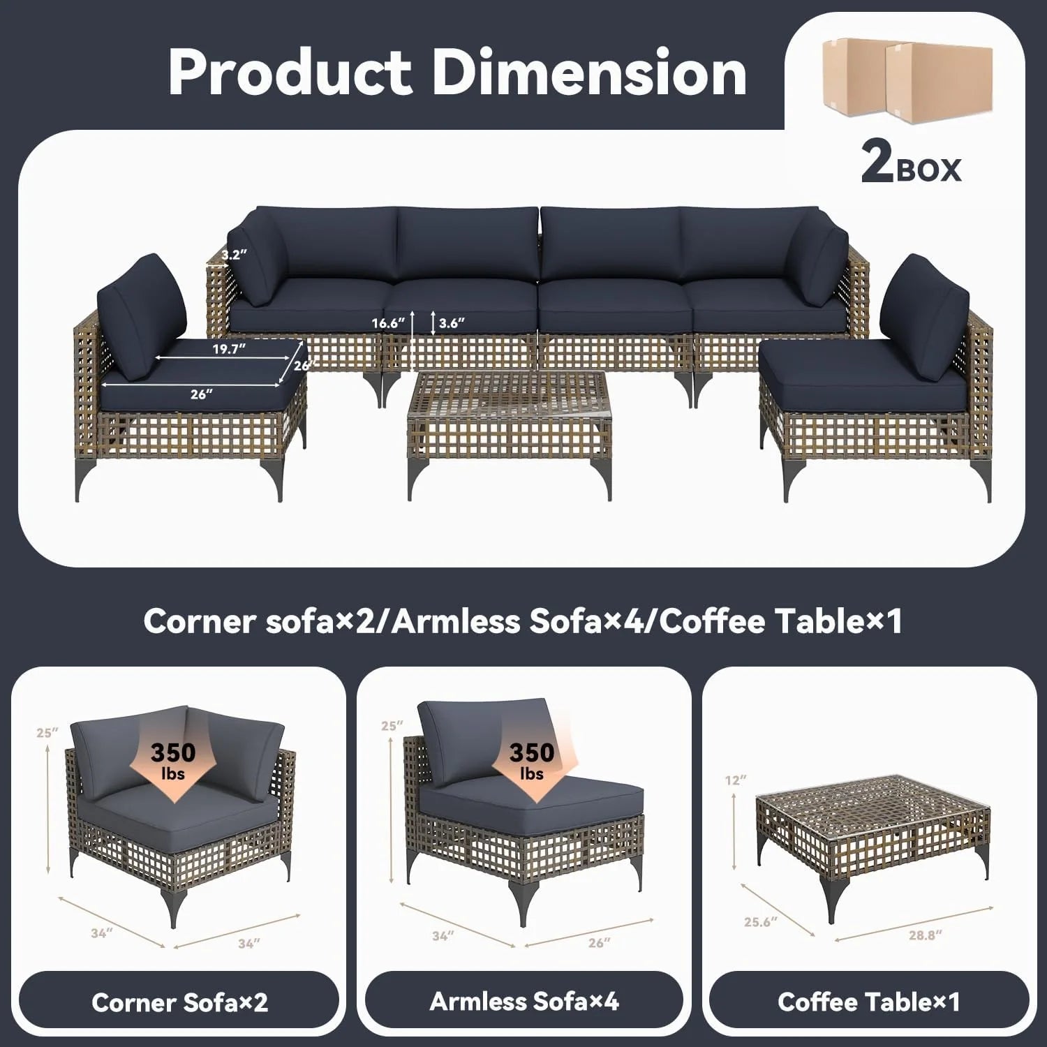 AECOJOY 7-Piece Patio Outdoor Furniture Set, Boho Outdoor Sectional Set, Dark Brown&Dark Grey