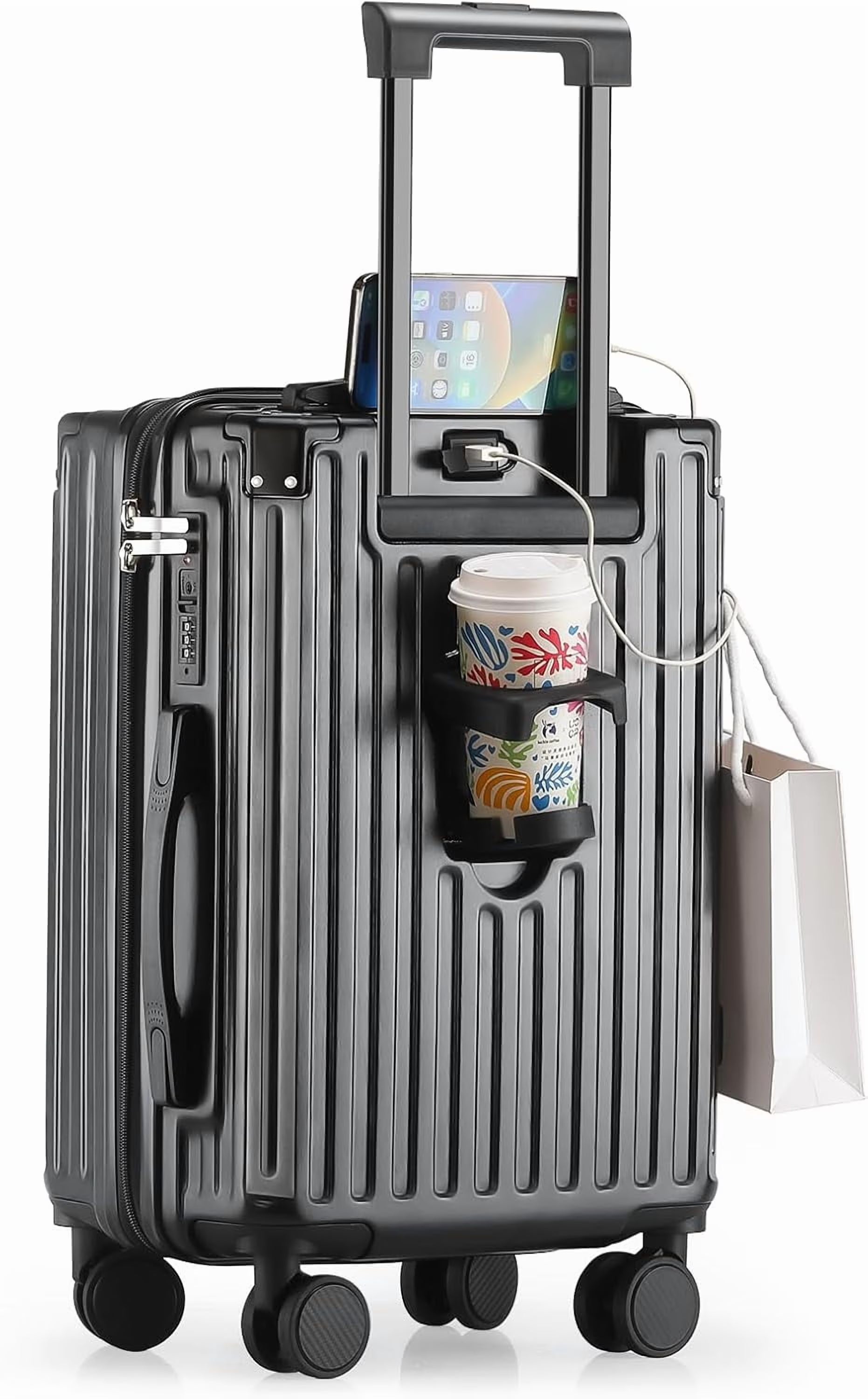 20 in Carry on Luggage with Cup Holder & USB Port, Airline Approved TSA - Locked Luggage, Lightweight PC Material Travel Suitcase with 360 Spinner Wheel