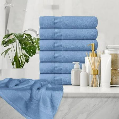 White Classic Luxury Cotton 6 PC Blue Hand Towels Set, Hotel Style Small Bath Towel and Face Towel 16x30, Light Blue Soft Plush Bath Towels Pack of 6,