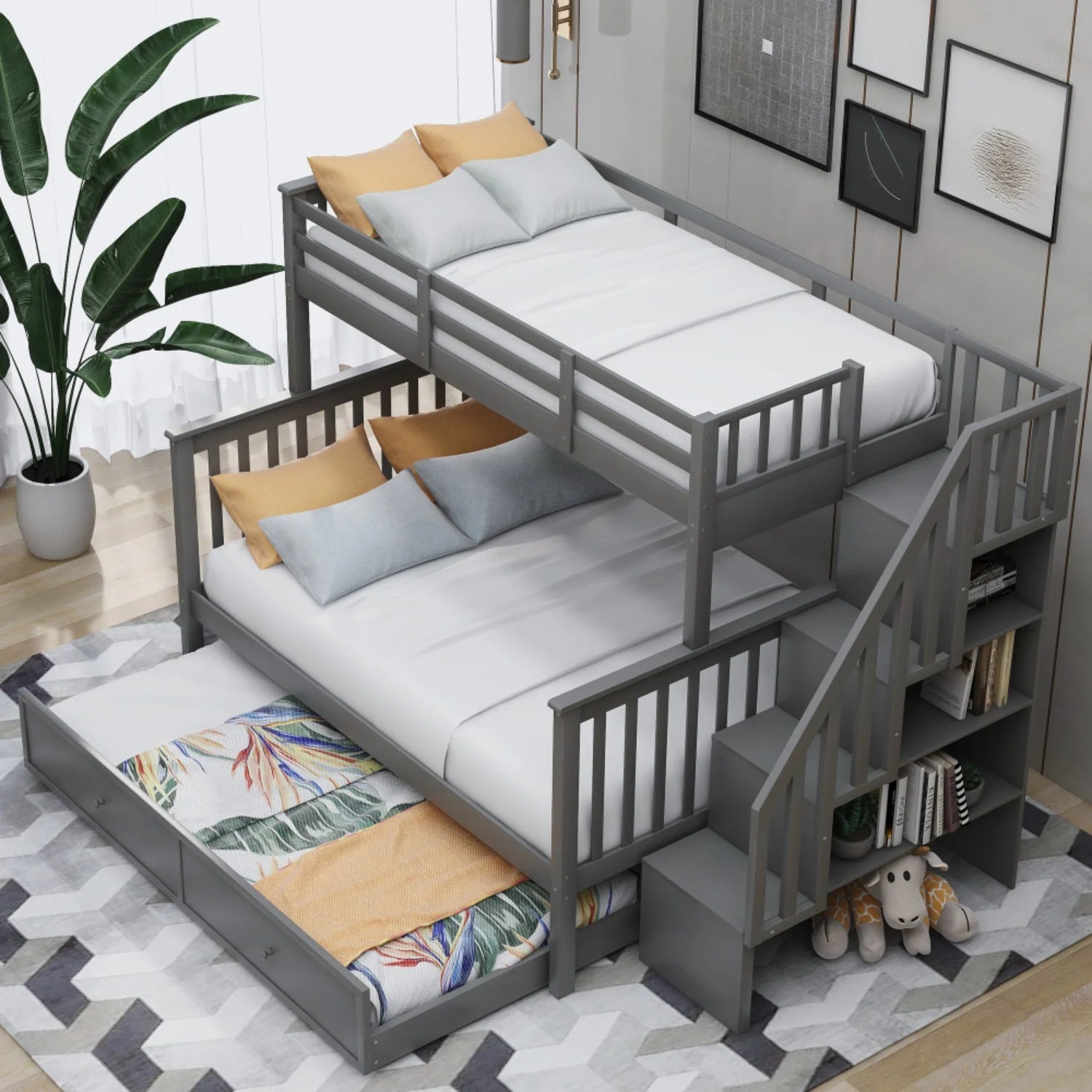 AECOJOY Twin-Over-Full Bunk Bed with Twin size Trundle, Storage and Guard Rail for Bedroom, Espresso