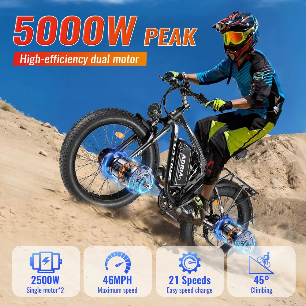 TUTTIO Adria26 5000W Electric Mountain Bike for Adults, 26" Fat Tire E - Bike for Men, 7 Speed, Max 46mph