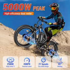 TUTTIO Adria26 5000W Electric Mountain Bike for Adults, 26" Fat Tire E - Bike for Men, 7 Speed, Max 46mph