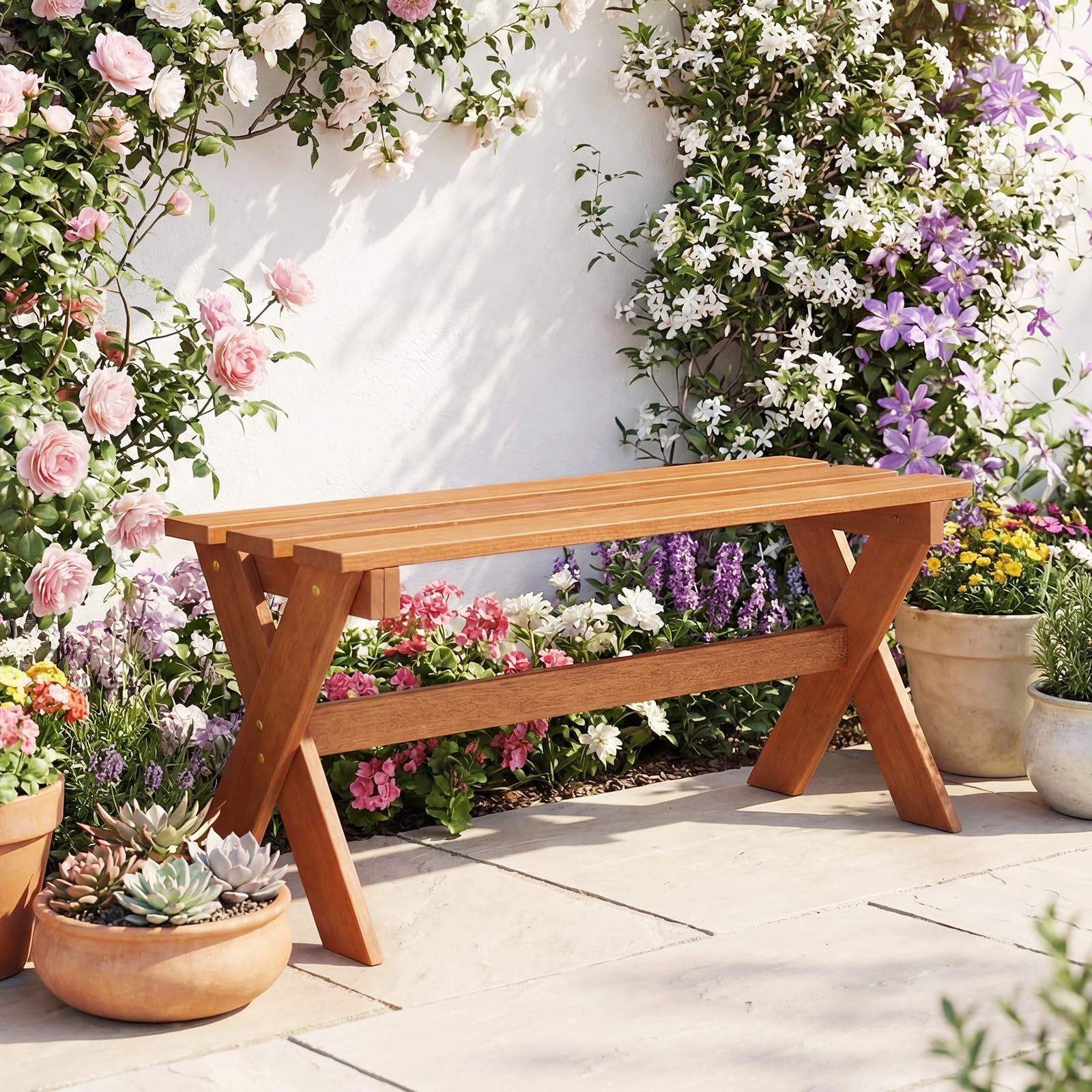 Tangkula Outdoor Wood Bench Backless Patio Dining Bench(1/2)