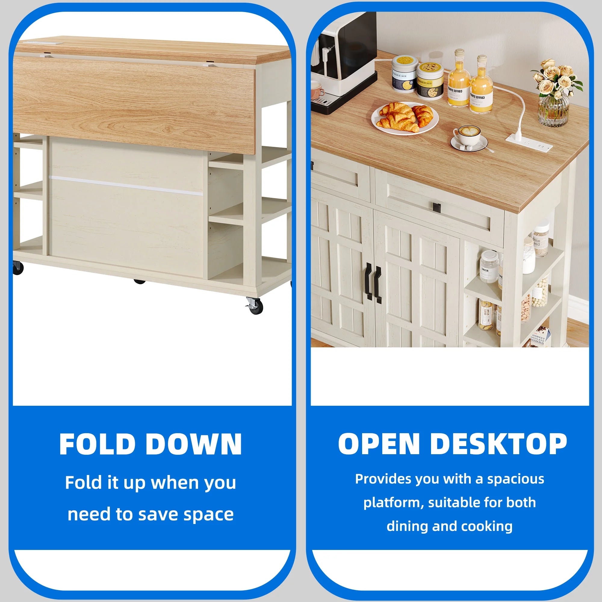 Uforic Kitchen Island Cart with Power Outlets, Kitchen Storage Trolley Cart with Storage Shelves & Drawers, Off - White