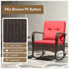 3-Piece Outdoor Wicker Rocking Chair Set, Rattan Bistro Rocker Furniture with Cushions & Pillows, Tempered Glass Coffee Table for Porch Balcony