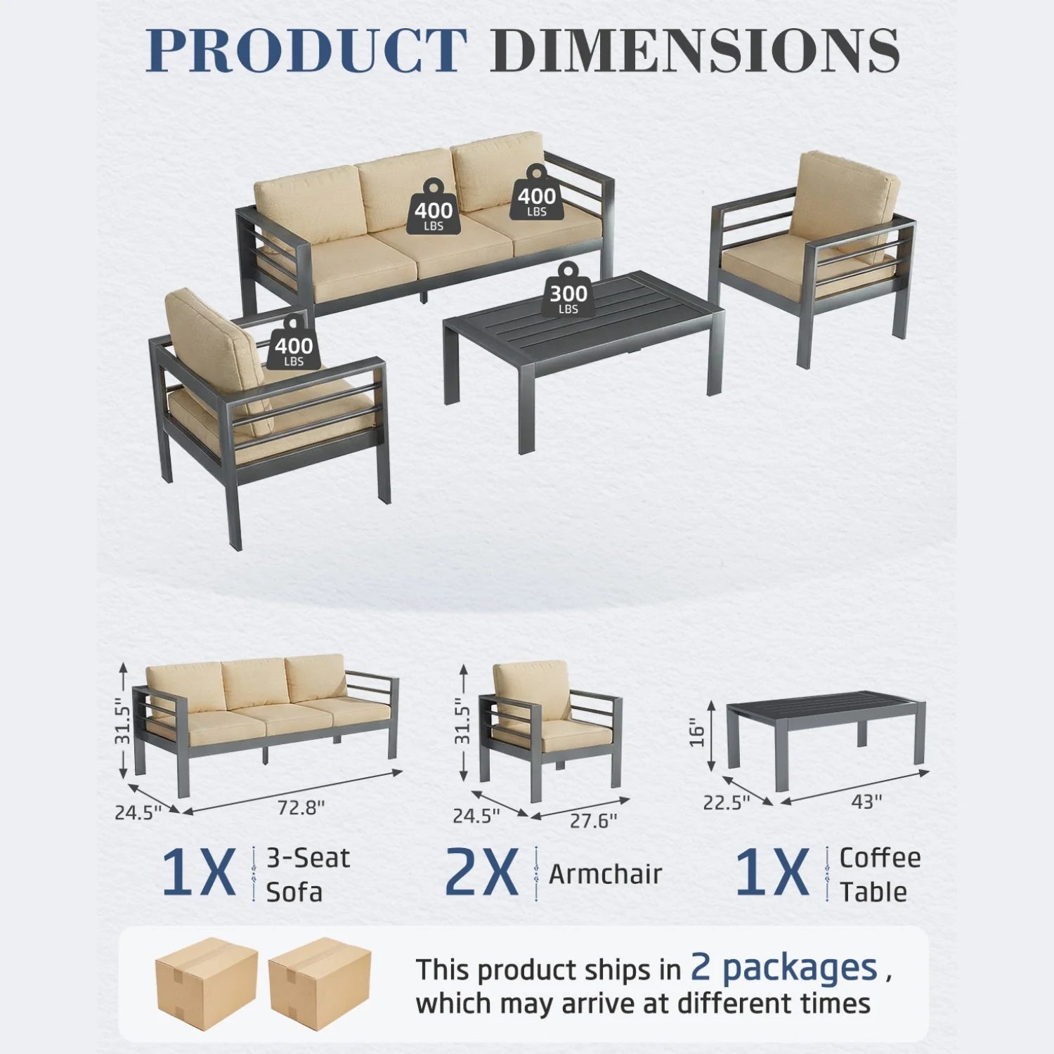 AECOJOY Aluminum Patio Furniture Set, 4 Pieces Outdoor Sectional Sofa Set, Beige
