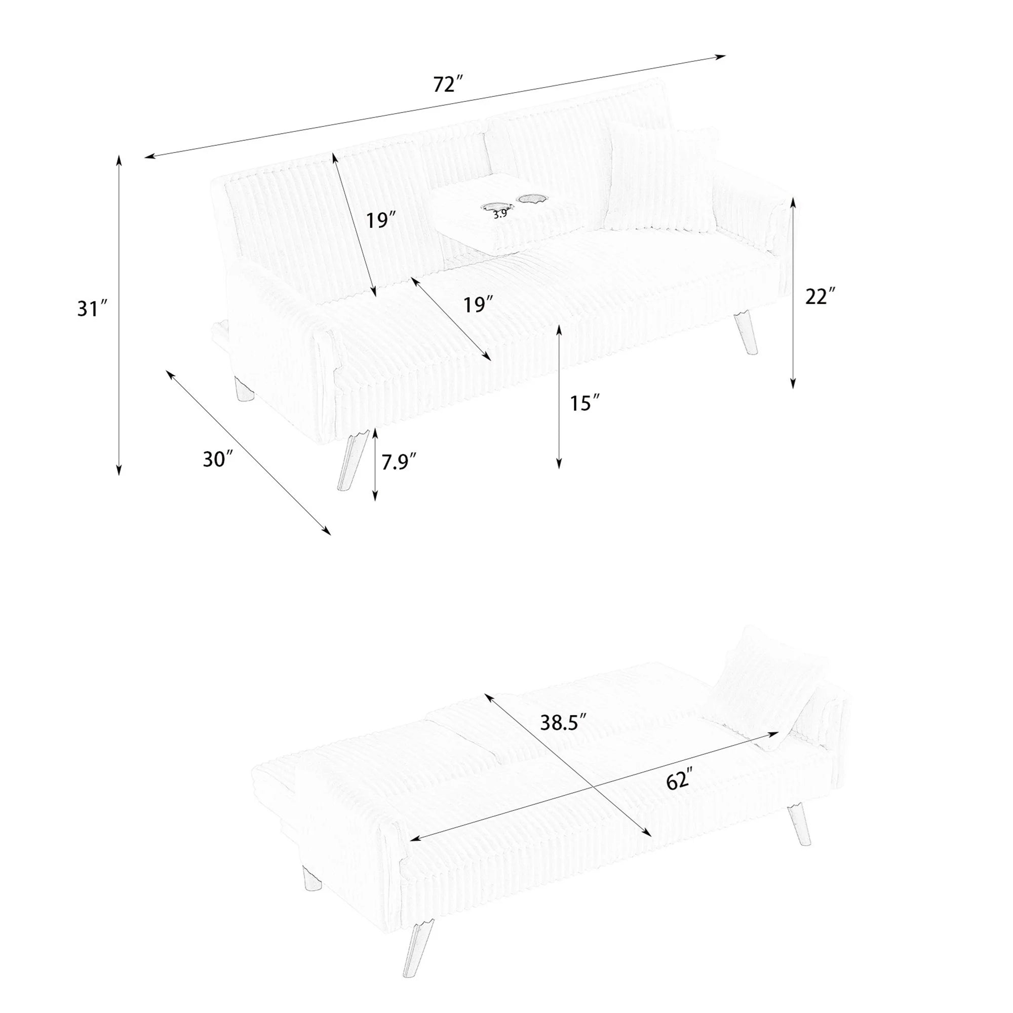 Aukfa 75" Square Arm Futon Convertible Sofa Bed for Home Office, 2 Cup Holders, Linen, Dark Gray