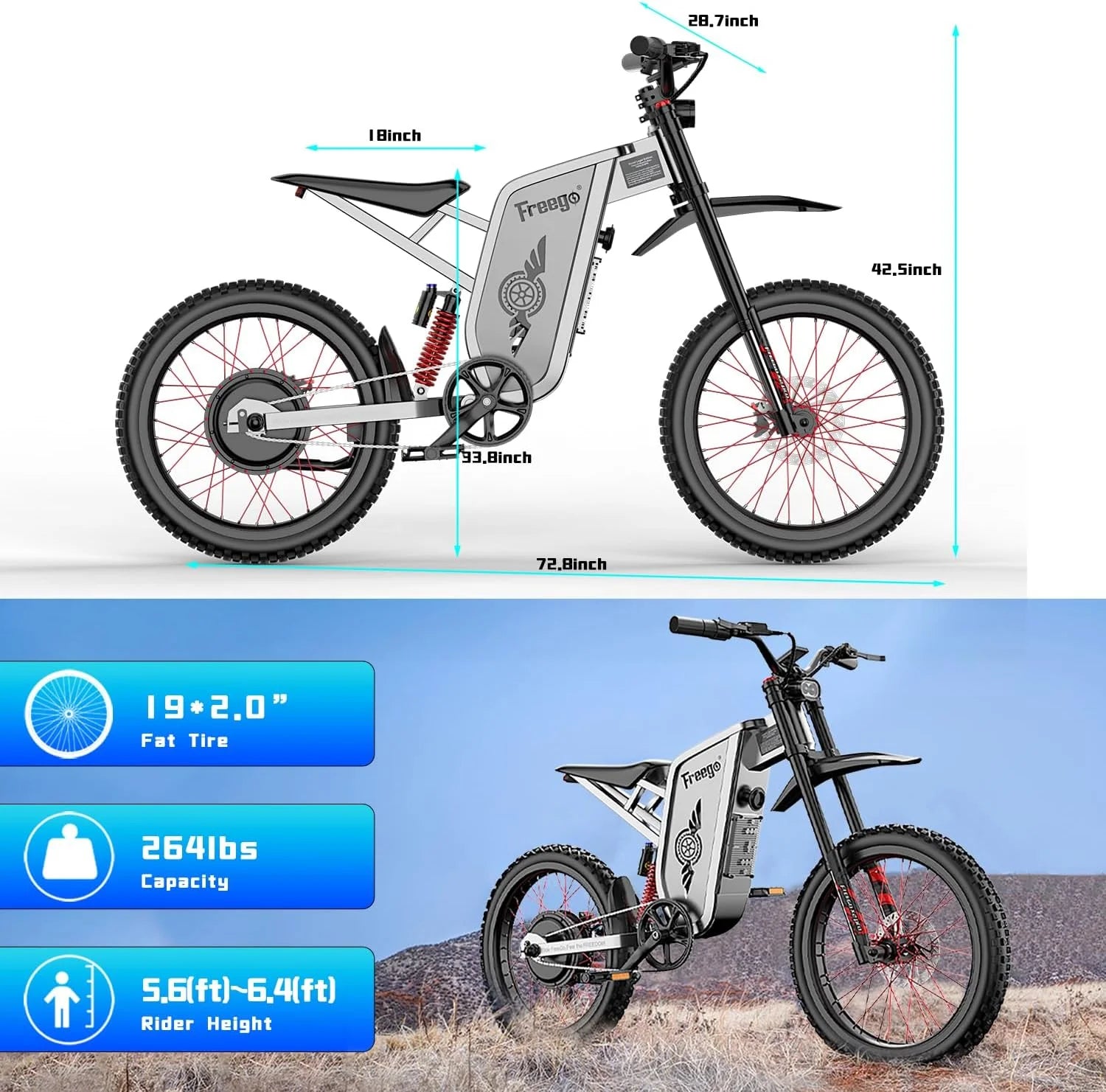 50MPH Freego X2pro Electric Motorcycle for Adults 6000W(Peak) Motor 60V 30ah Battery Electric Bicycle Full Suspension Ebike