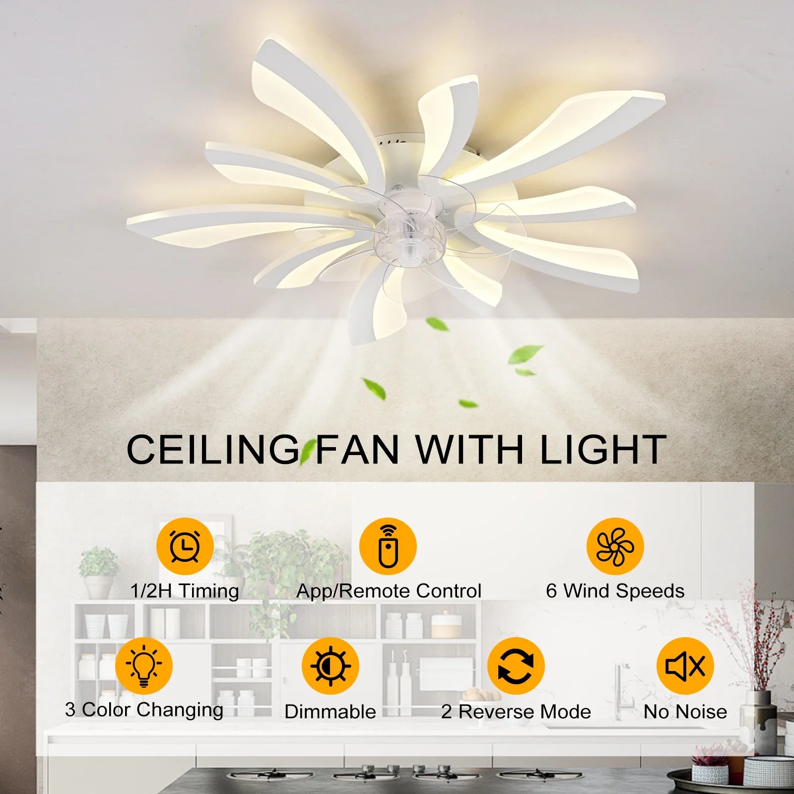 Garwarm Dimmable Ceiling Fan with Light and Remote Control, 27" Small Flush Mounted Ceiling Fan with LED Lights, APP and Remote Controlled, Modern, White
