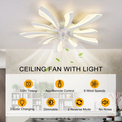 Garwarm Dimmable Ceiling Fan with Light and Remote Control, 27" Small Flush Mounted Ceiling Fan with LED Lights, APP and Remote Controlled, Modern, White