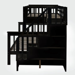 AECOJOY Twin-Over-Full Bunk Bed with Twin size Trundle, Storage and Guard Rail for Bedroom, Espresso