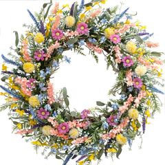 Egolot 24 inch Spring Summer Colorful Flower Wreath for Front Door, Forsythia Lavender Wild Flowers Wreath for Home Decor, Colorful Wild Flowers