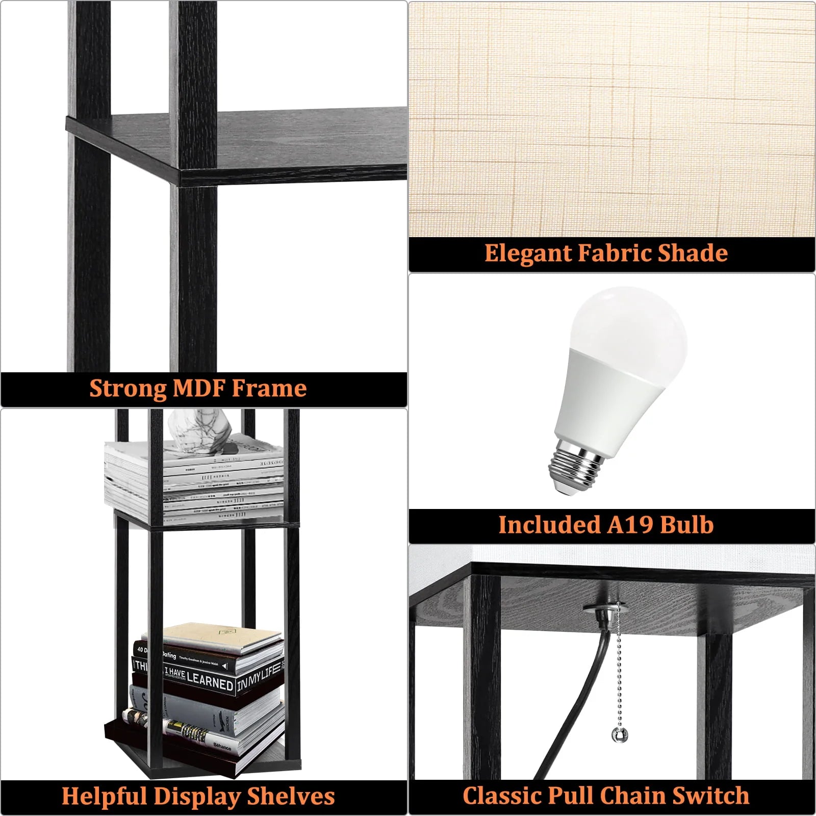 63" Shelf Floor Lamps with Shelves for Living Room Bedroom Office AVV Wood Modern Standing Lamps Black