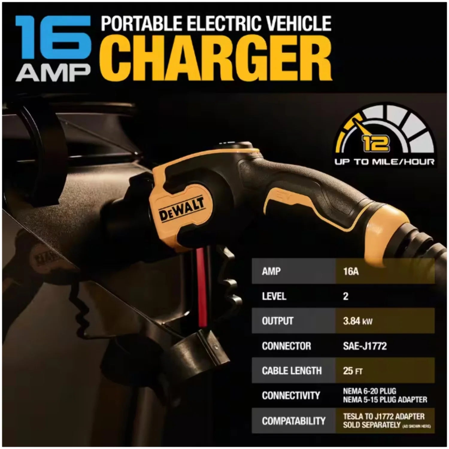 DEWALT Level - 2 Portable Electric Vehicle EV Charger up to 16 Amps, 120 - 240 - Volt AC 3.8 KW, 25 Ft. Cable, Weatherproof