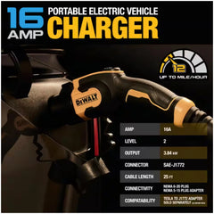 DEWALT Level - 2 Portable Electric Vehicle EV Charger up to 16 Amps, 120 - 240 - Volt AC 3.8 KW, 25 Ft. Cable, Weatherproof