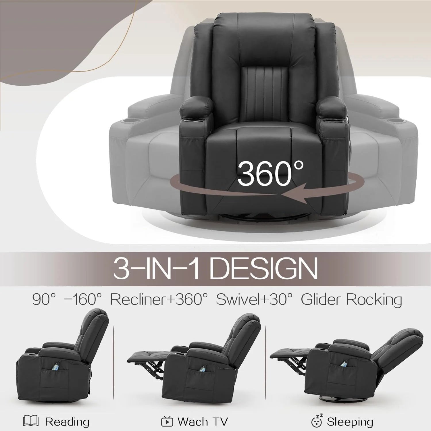 AECOJOY 3 Pieces Leather Recliner Sofa Set with Swivel Massage Chair, Black