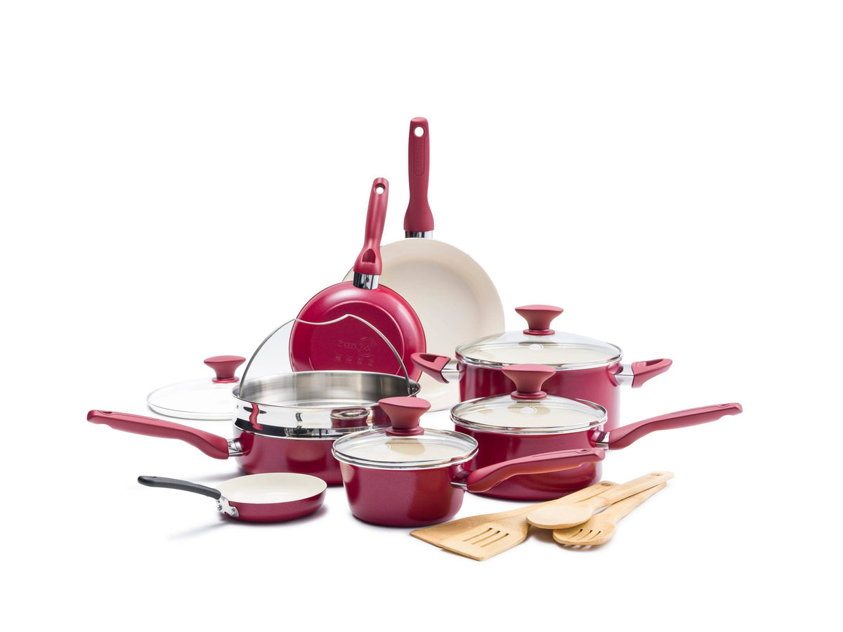 GreenPan - Rio Ceramic Non-Stick 16-Piece Cookware Set - Red