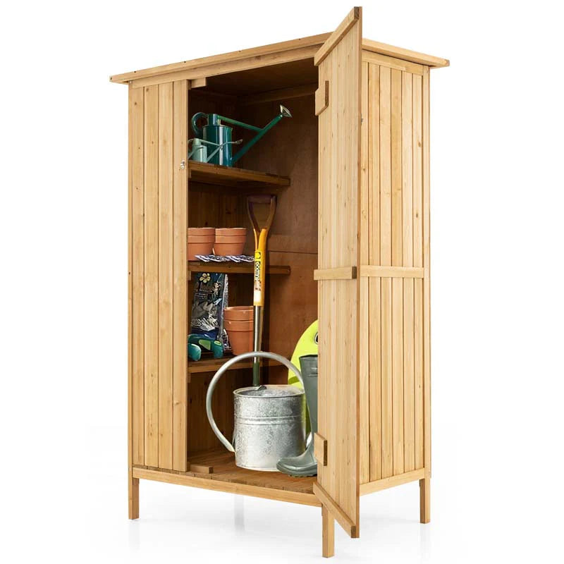 5 x 3 FT Wooden Garden Shed with Asphalt Roof & 3 Shelves, Outdoor Storage Cabinet Outside Utility Tool Shed Organizer for Backyard
