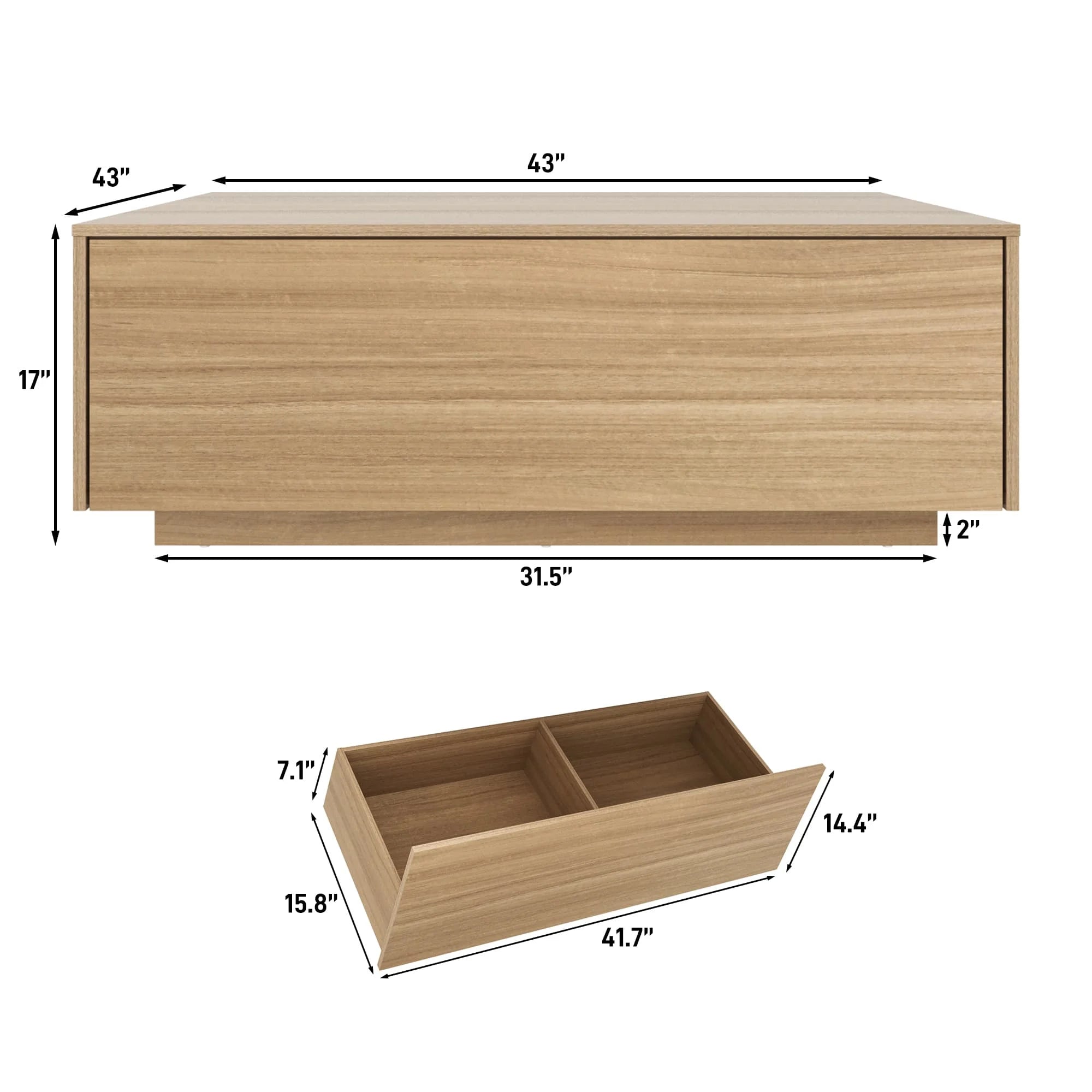 Blotout Square Coffee Table with 2 Large Drawers, 43" Mid Century Modern Coffee Table with Storage, Wood Cocktail Table Center Table with Storage for Living Room, Wood Grain