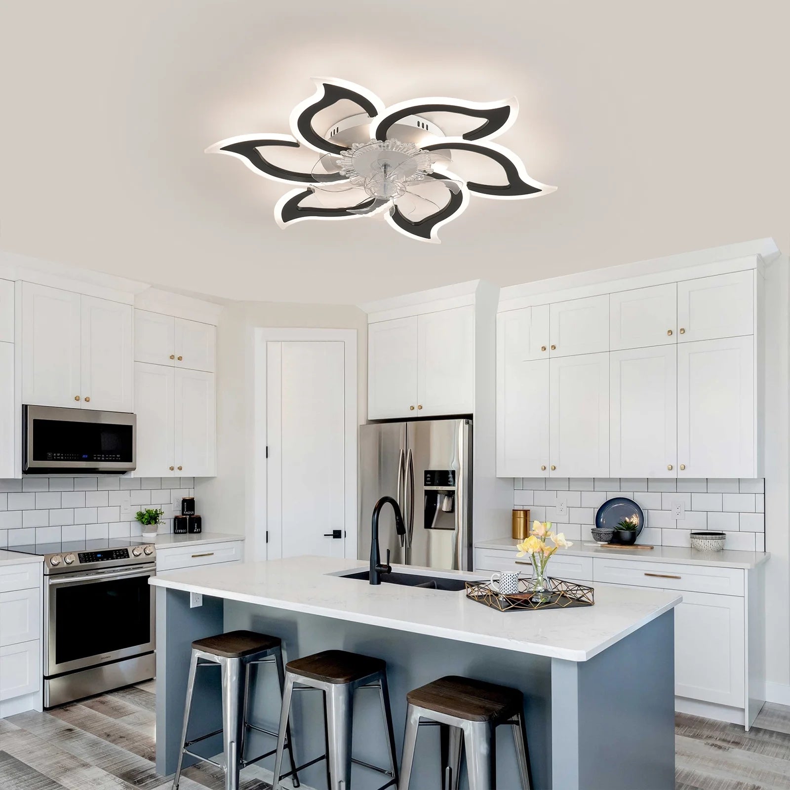 Garwarm Dimmable Ceiling Fan with Light and Remote Control, 27" Small Flush Mounted Ceiling Fan with LED Lights, APP and Remote Controlled, Modern, White