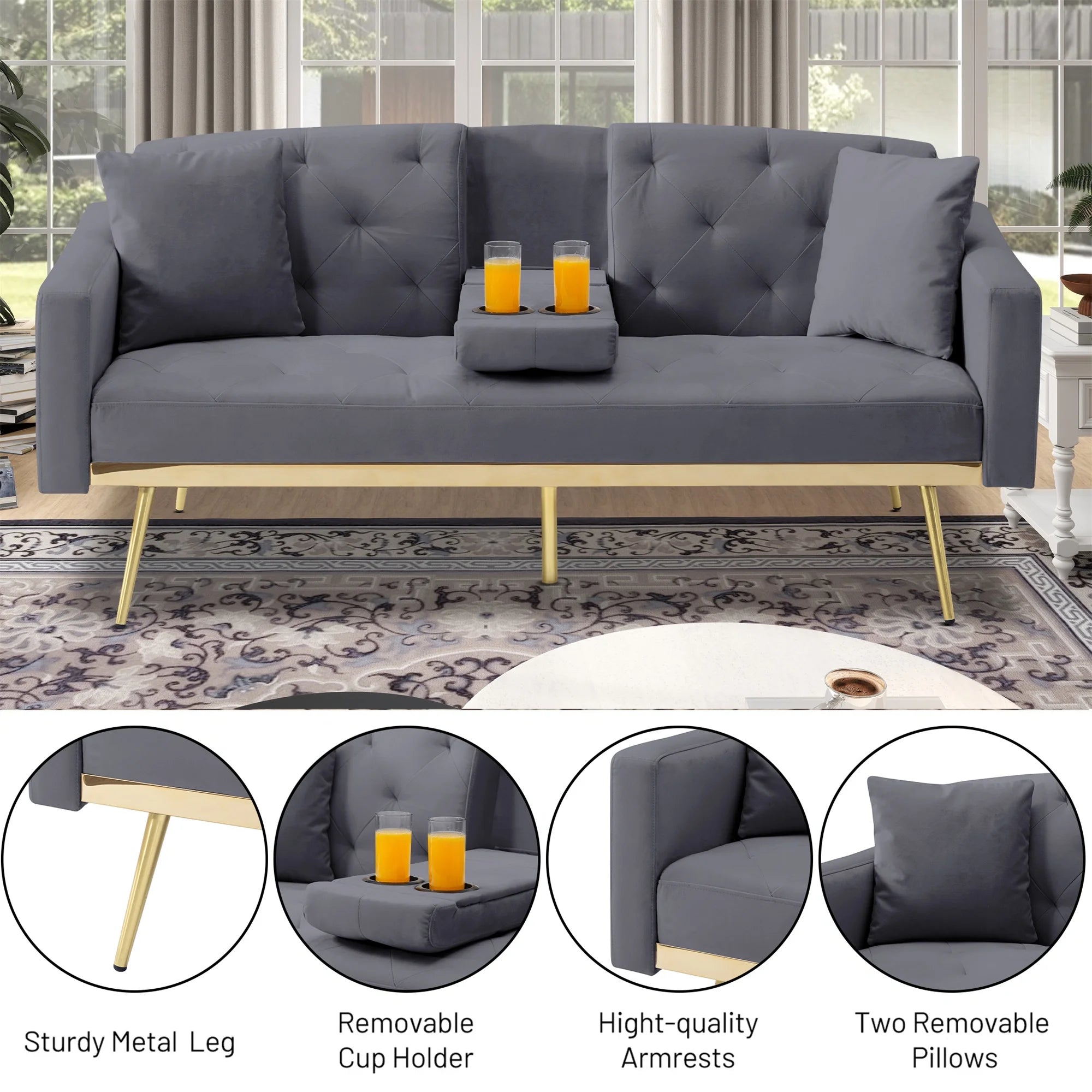 Aukfa 75" Square Arm Futon Convertible Sofa Bed for Home Office, 2 Cup Holders, Linen, Dark Gray
