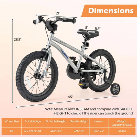 16" Kids Bike for 4-7 Years Old Girls Boys Sport Bicycle with Adjustable Saddle, Training Wheels, Reflectors