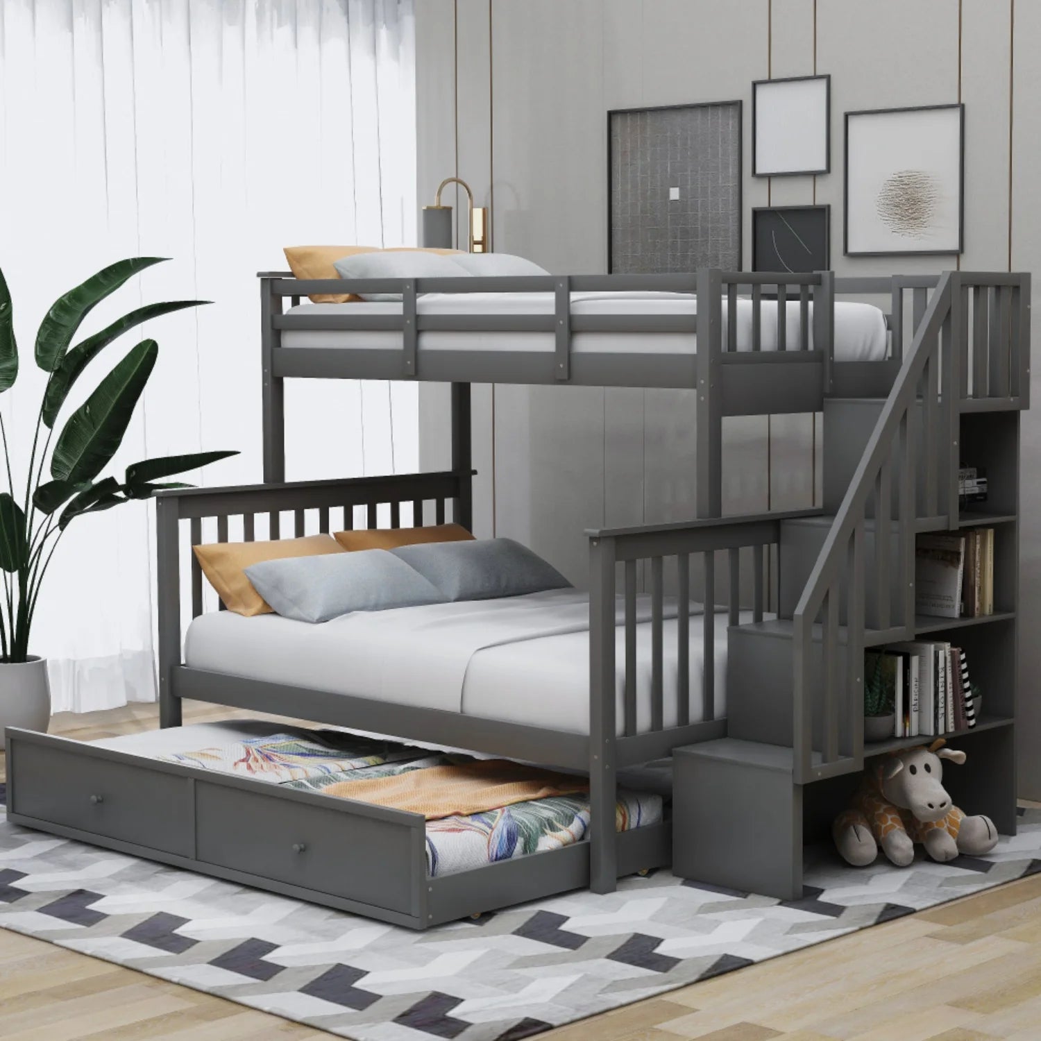 AECOJOY Twin-Over-Full Bunk Bed with Twin size Trundle, Storage and Guard Rail for Bedroom, Espresso