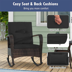 3-Piece Outdoor Wicker Rocking Chair Set, Rattan Bistro Rocker Furniture with Cushions & Pillows, Tempered Glass Coffee Table for Porch Balcony