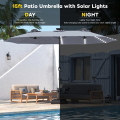 AECOJOY 15ft Patio Double-Sided Umbrella, 156 PCS Solar LED Light Outdoor Large Umbrella, Grey