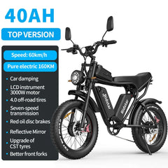 1500W MTB Electric Bicycle 48V 20ah Removable Battery E - Bike，electric Bike for Adults 20" Fat Tire Electric Motorcycle, Shimano 7 Speed Full Suspension Mountain Bike UL2849