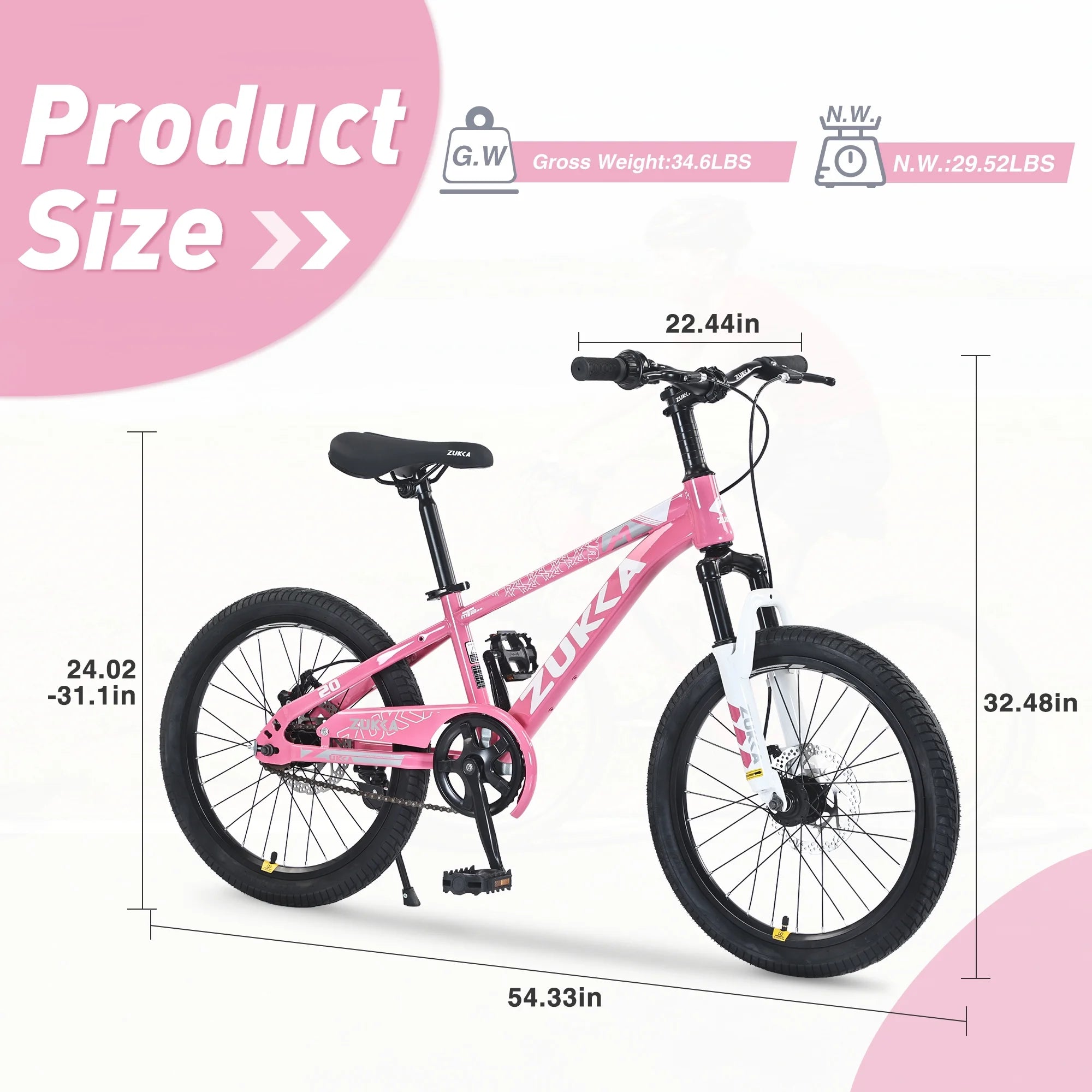 Zukka 20 in Kids Mountain Bike Steel Frame Hardtail Bicycle for Child Aged 7 - 10 Years Pink