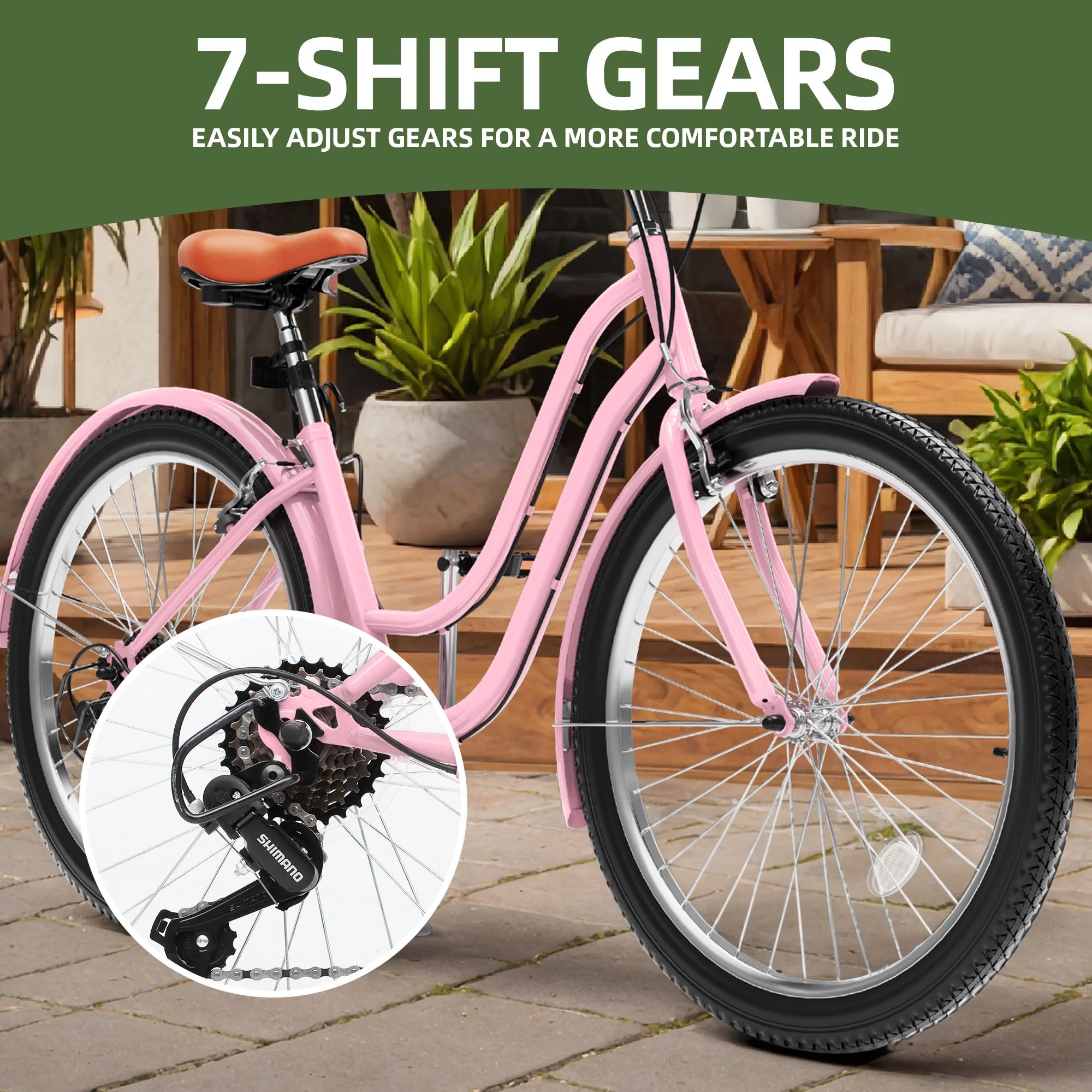 Uforic24'' Beach Cruiser Bike, 7 - Speed, Step - Through Bicycle for Men & Women, Steel Frame, Mint Green