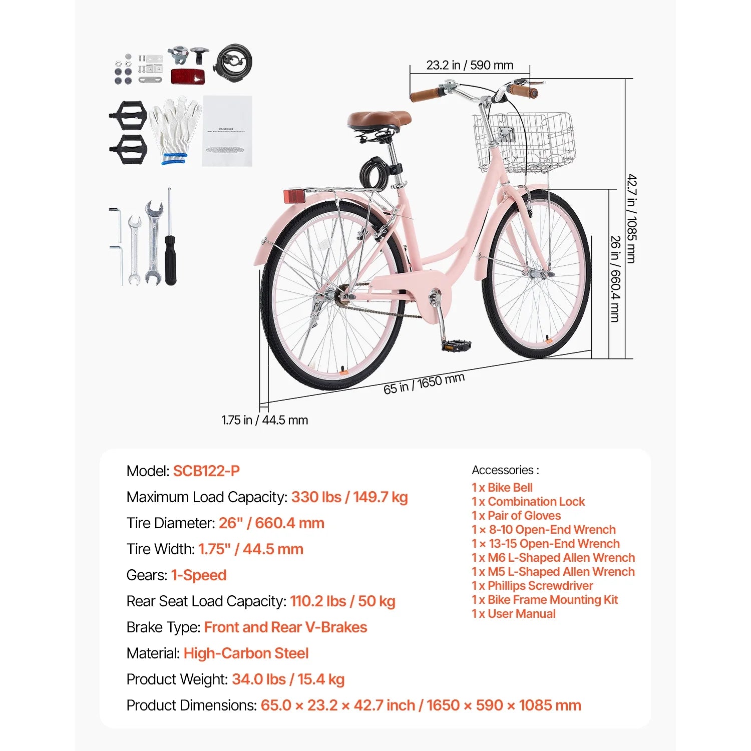 KFFKFF 26" Cruiser Bike, Single Speed, Rosé - Colored Seaside Cycling Bike with Spacious Basket and Back Stand, Reliable & Robust Leisure Bicycle with Modifiable Saddle