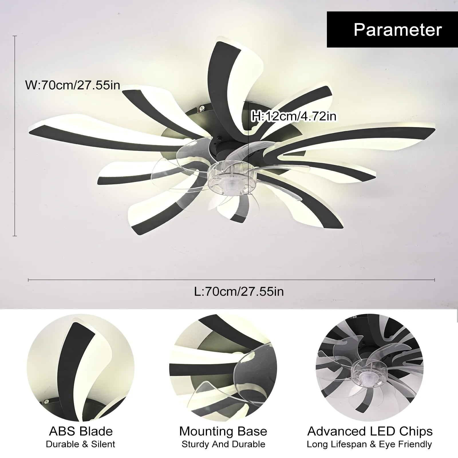 Garwarm Dimmable Ceiling Fan with Light and Remote Control, 27" Small Flush Mounted Ceiling Fan with LED Lights, APP and Remote Controlled, Modern, White