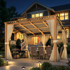 AECOJOY 12x10 Outdoor Wooden Pergola Gazebo with Curtains and Netting for Patio