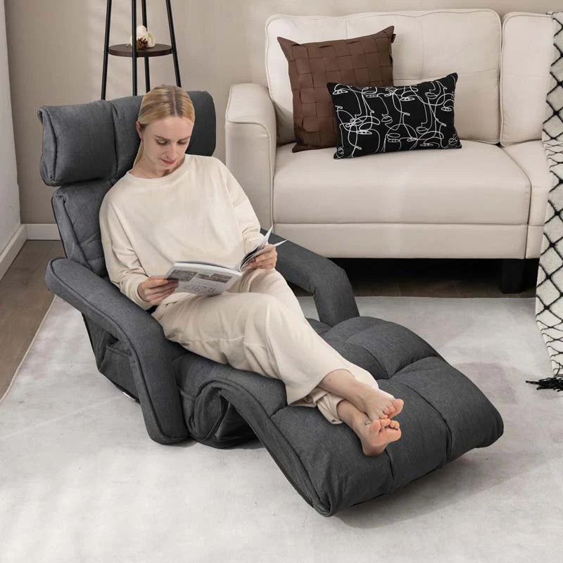 6-Position Adjustable Floor Sofa Bed, Folding Lazy Sofa Chaise Lounger Recliner with Armrests & Footrests for Living Room, Bedroom & Gaming