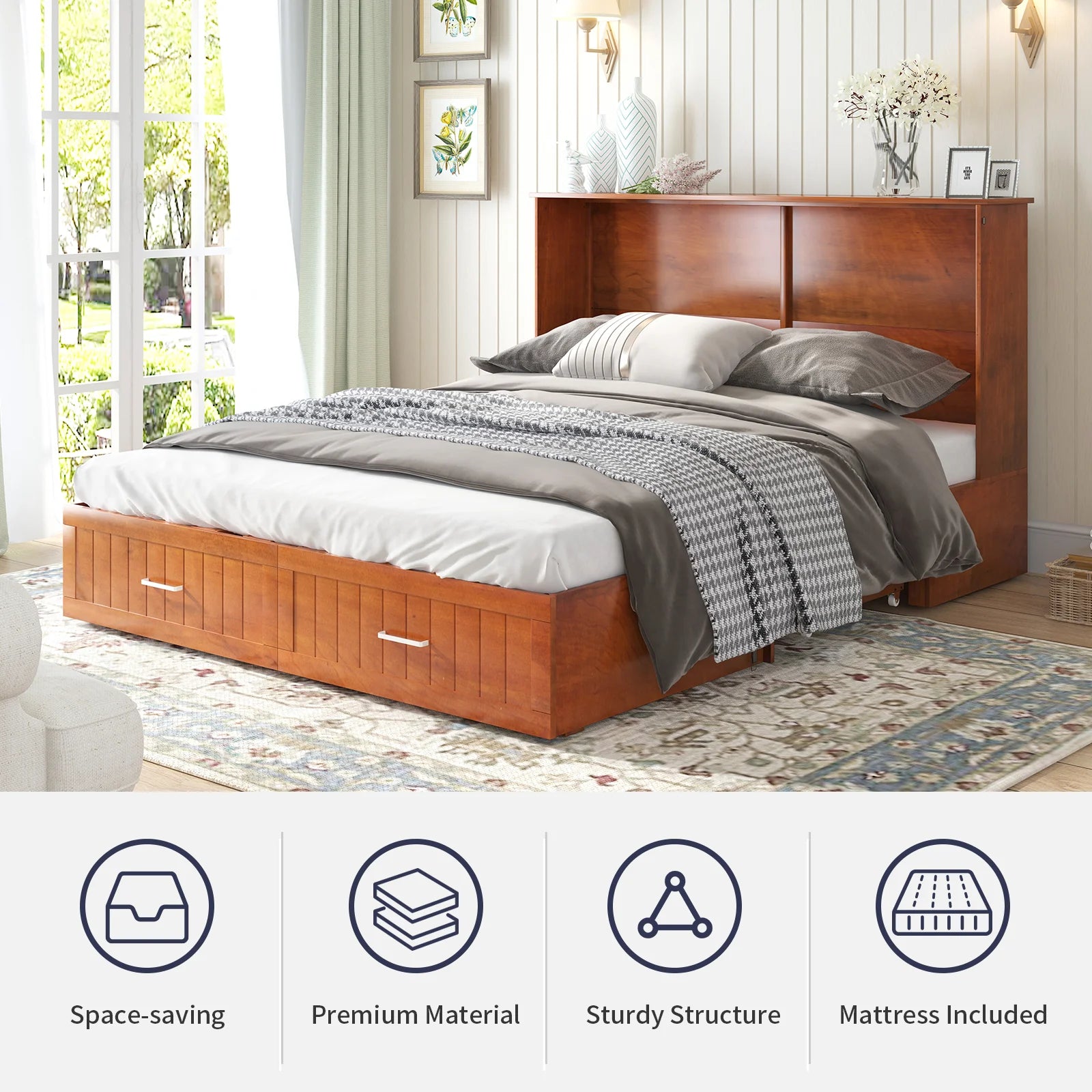ZAFLY Murphy Bed with Trifold Foam Mattress, Cabinet Bed Has USB Charging Station, Convertible Bed with Storage Platform, Cabinet Chest Bed with Large Drawers for Living Room/Bedroom (Grey)