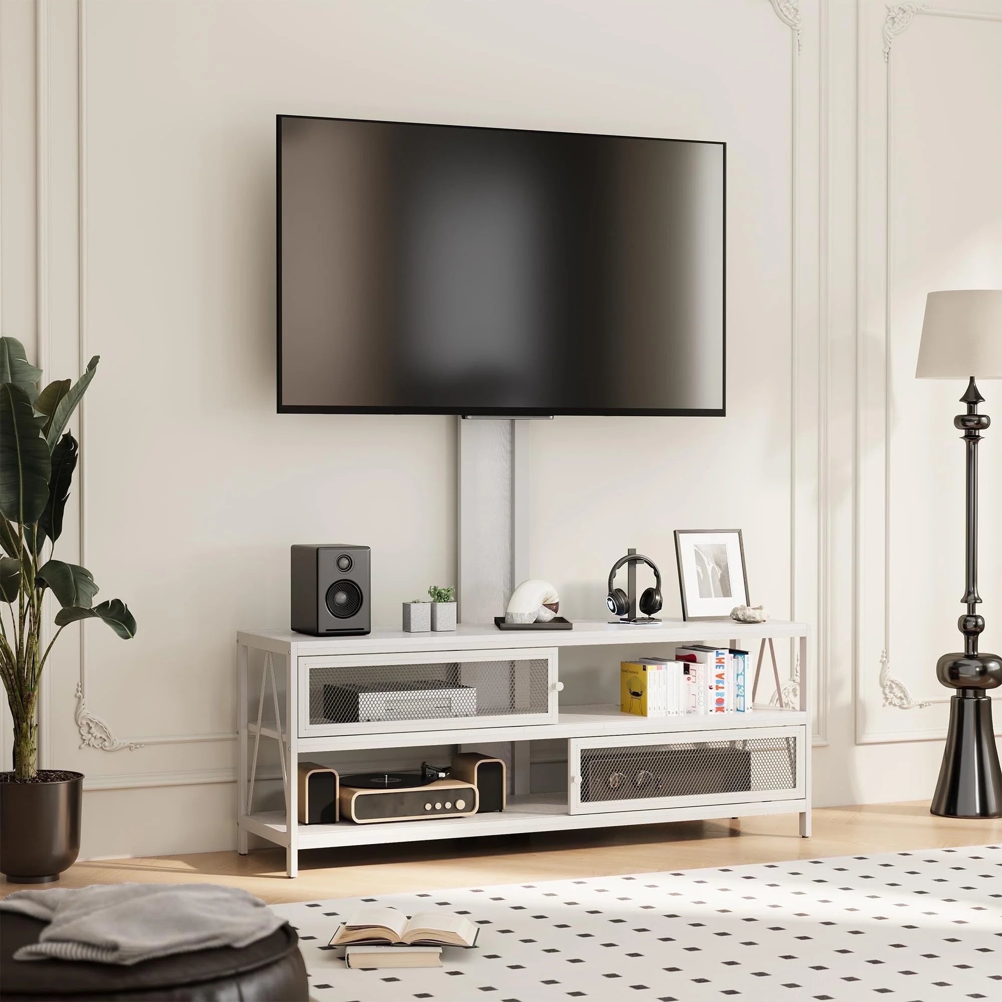 Mayincolor Farmhouse TV Stand for 65+ Inch TV, 34'' Tall Entertainment Center with Sliding Barn Doors, Rustic Wood Media Console Storage Cabinet Television Stand for Living Room, Light Grey
