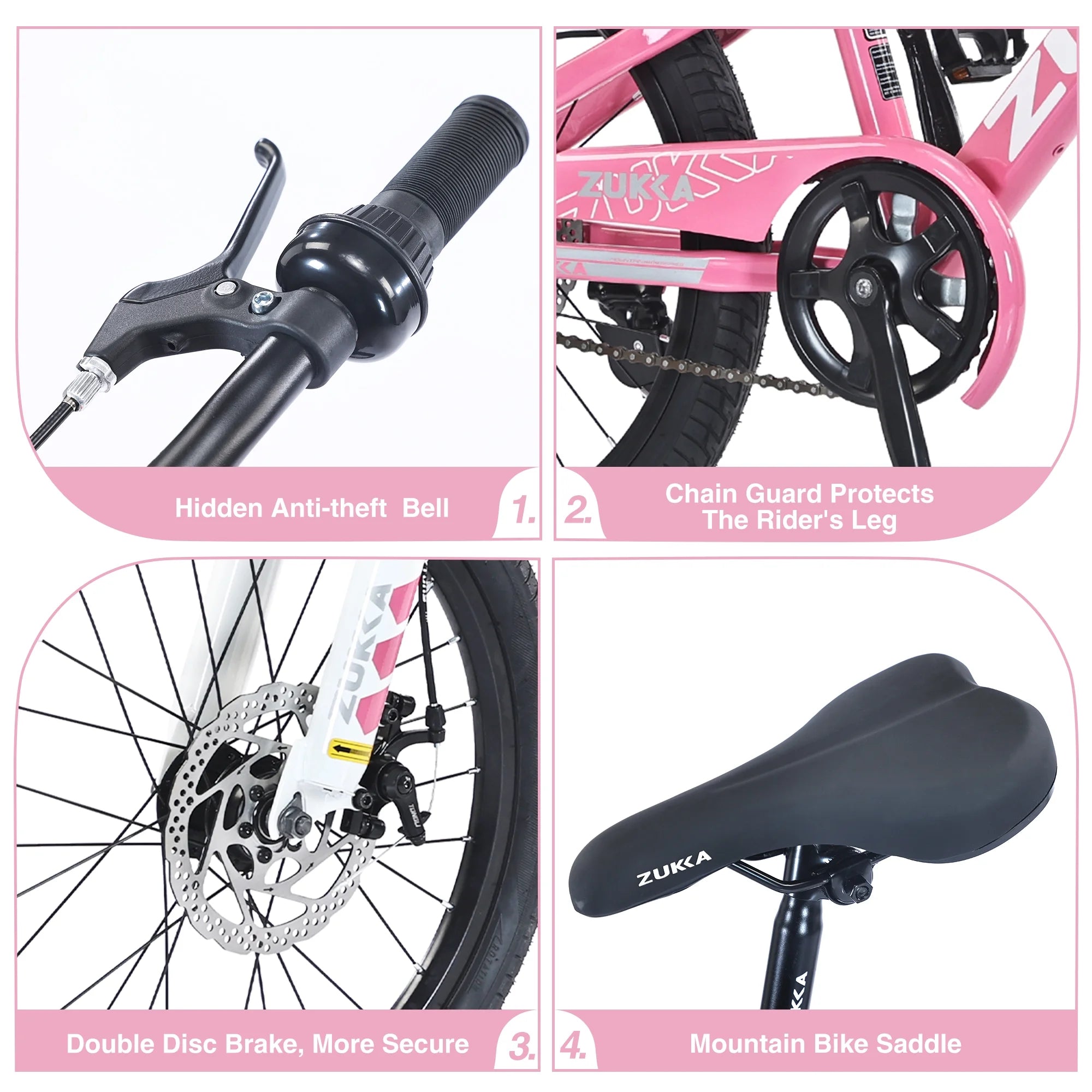 Zukka 20 in Kids Mountain Bike Steel Frame Hardtail Bicycle for Child Aged 7 - 10 Years Pink