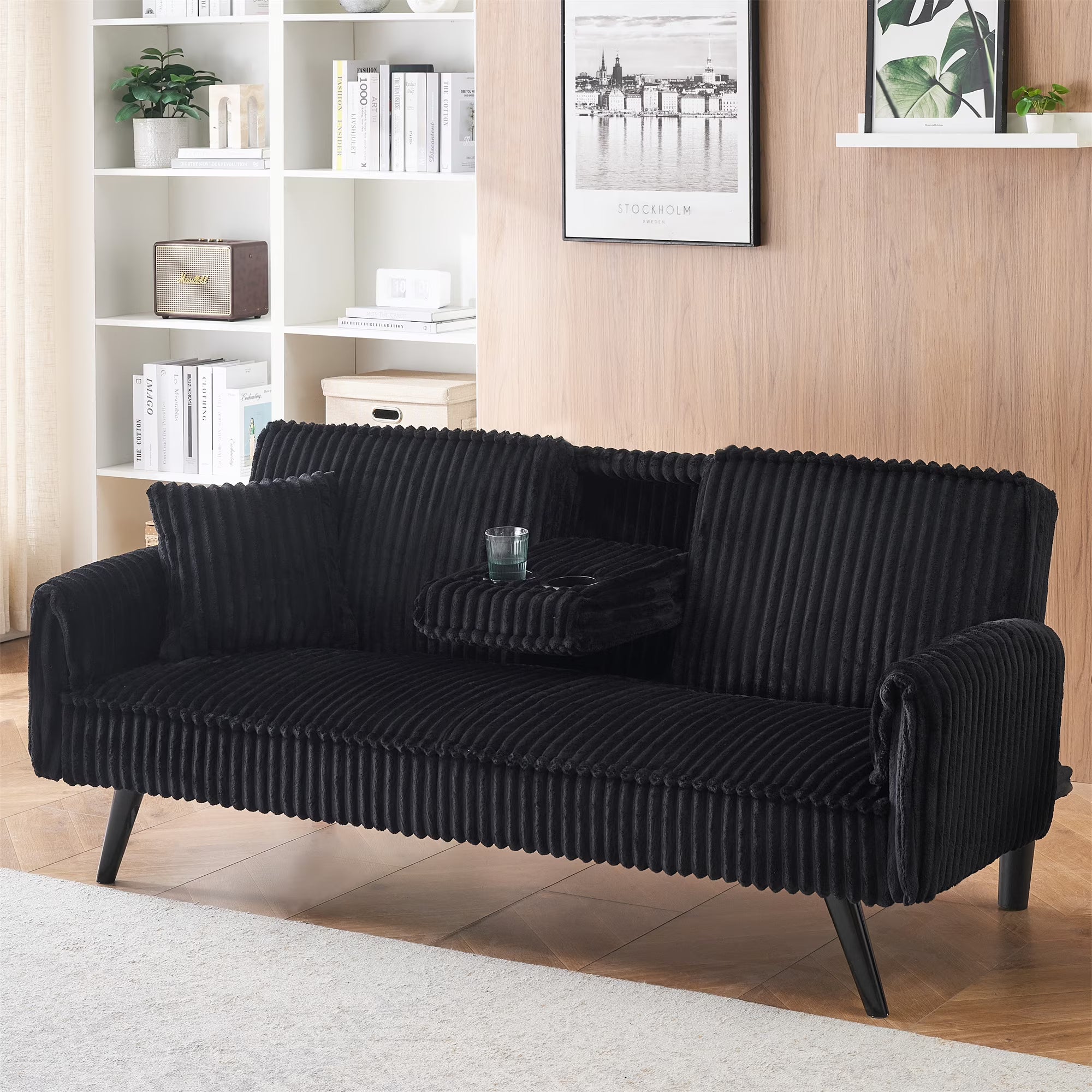 Aukfa 75" Square Arm Futon Convertible Sofa Bed for Home Office, 2 Cup Holders, Linen, Dark Gray